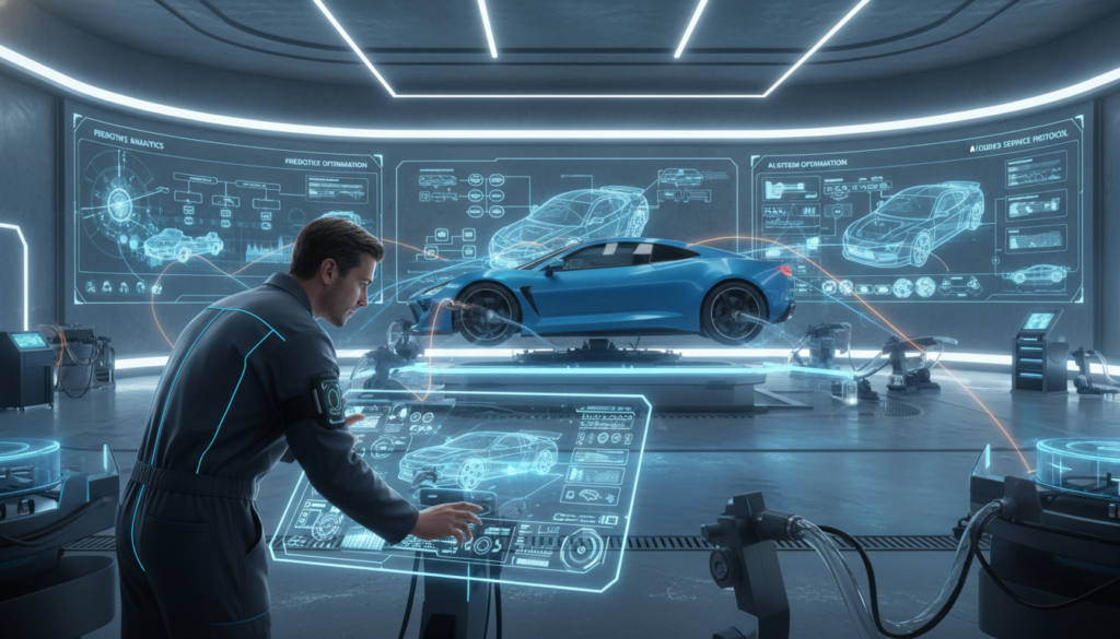 A futuristic automotive maintenance workshop featuring a sleek, modern setting focused on predictive car maintenance using artificial intelligence. In the foreground, a mechanic in professional attire examines a digital dashboard displaying real-time data analytics and predictive algorithms. The middle of the image showcases a high-tech car undergoing diagnostic checks, surrounded by advanced tools and machinery. The background includes large screens displaying AI-generated maintenance predictions. The lighting is bright and focused, with soft shadows creating a clean, professional atmosphere. The overall mood is innovative and forward-looking, emphasizing the integration of technology in car maintenance. A futuristic automotive maintenance workshop featuring a sleek, modern setting focused on predictive car maintenance using artificial intelligence. In the foreground, a mechanic in professional attire examines a digital dashboard displaying real-time data analytics and predictive algorithms. The middle of the image showcases a high-tech car undergoing diagnostic checks, surrounded by advanced tools and machinery. The background includes large screens displaying AI-generated maintenance predictions. The lighting is bright and focused, with soft shadows creating a clean, professional atmosphere. The overall mood is innovative and forward-looking, emphasizing the integration of technology in car maintenance.