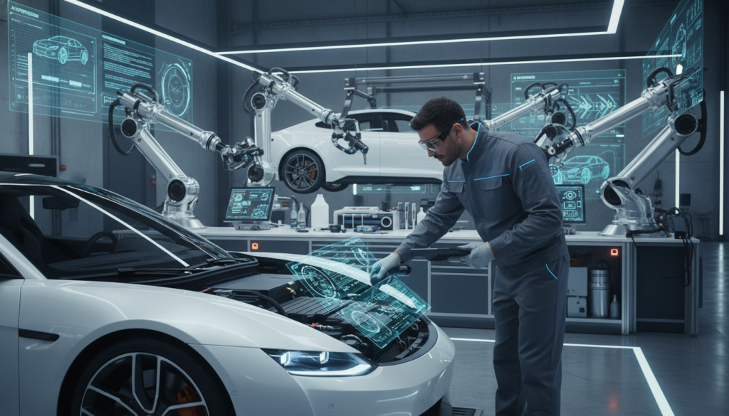 A futuristic automotive workshop scene showcasing technological advancements in car maintenance. In the foreground, a skilled mechanic, dressed in a professional uniform, is inspecting an electric vehicle using smart diagnostic tools and augmented reality glasses, displaying digital data overlays. The middle ground features advanced robotic arms assisting in repairs, while various high-tech tools and gadgets are neatly organized on a workbench. In the background, large screens show real-time data analysis and AI algorithms optimizing vehicle performance. The workshop is brightly lit with a modern vibe, featuring sleek, minimalist design elements and cutting-edge equipment, creating an innovative and inspiring atmosphere. A futuristic automotive workshop scene showcasing technological advancements in car maintenance. In the foreground, a skilled mechanic, dressed in a professional uniform, is inspecting an electric vehicle using smart diagnostic tools and augmented reality glasses, displaying digital data overlays. The middle ground features advanced robotic arms assisting in repairs, while various high-tech tools and gadgets are neatly organized on a workbench. In the background, large screens show real-time data analysis and AI algorithms optimizing vehicle performance. The workshop is brightly lit with a modern vibe, featuring sleek, minimalist design elements and cutting-edge equipment, creating an innovative and inspiring atmosphere.