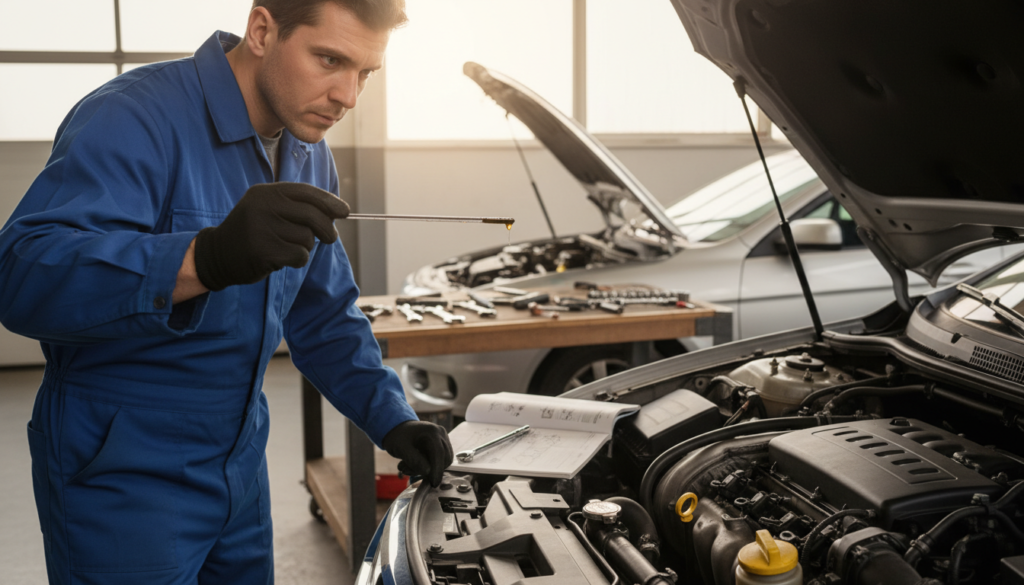 A mechanic inspecting the oil level in a car's engine, positioned prominently in the foreground, with the oil dipstick held in their gloved hand. The mechanic, dressed in professional work attire, displays a focused expression, emphasizing the importance of regular maintenance. In the middle ground, a partially open car hood reveals the engine, with the oil reservoir clearly visible. The background features a well-lit garage setting with tools neatly organized on a bench and a service manual nearby. The lighting is bright but soft, highlighting the tactile textures of oil and metal. The overall mood conveys diligence and the critical nature of engine care, underscoring the theme of preventative maintenance before operating a vehicle.