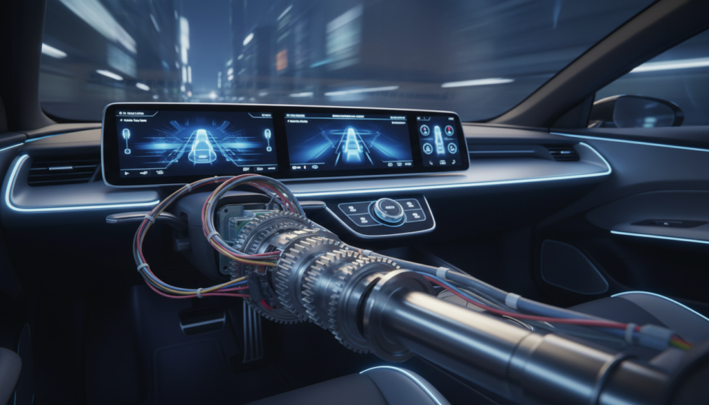 A modern electric steering system displayed in a close-up view, showcasing the intricate components and wiring. In the foreground, highlight the steering column with detailed gears and electric sensors glimmering under soft, focused lighting. The middle ground features a sleek dashboard interface, complete with digital displays and controls illustrating real-time feedback from the steering system. The background presents a blurred interior of a futuristic vehicle, giving a sense of motion and innovation. Use a wide-angle lens effect to capture the depth and complexity of the system. The overall mood should evoke a sense of advanced technology and precision engineering, creating an atmosphere that is both professional and informative.