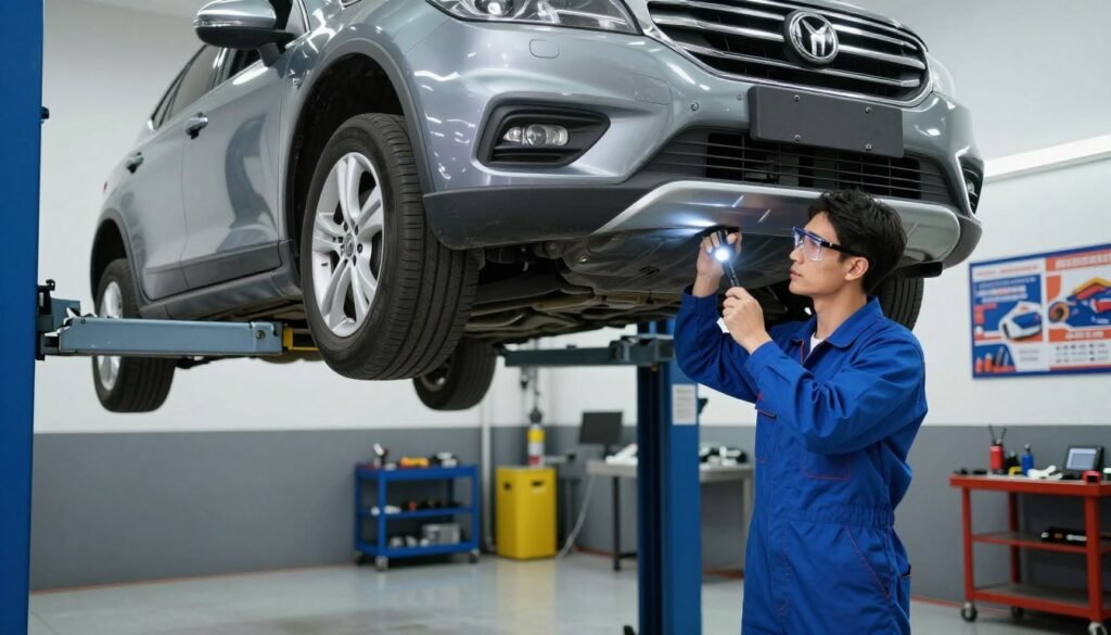 A professional mechanic in a clean, well-lit garage inspecting a modern car on a hydraulic lift. In the foreground, the mechanic, wearing a blue jumpsuit and safety goggles, examines the car's undercarriage with a flashlight, focused and meticulous. The middle ground features the lifted car with its shiny metallic body reflecting the overhead lights, tools neatly arranged on a workbench nearby. The background shows a bright, organized workshop with posters about vehicle safety and maintenance. The atmosphere is technical yet inviting, emphasizing the importance of regular vehicle inspections for safety. The lighting is bright and even, creating a sense of professionalism and diligence in car maintenance.