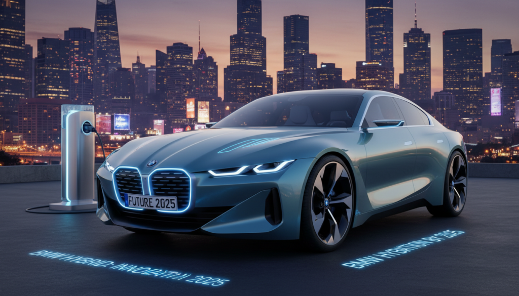 A sleek, futuristic BMW plug-in hybrid vehicle positioned prominently in the foreground, showcasing its innovative design against a breathtaking urban landscape. The car's elegant lines reflect a blend of sportiness and eco-friendliness. In the middle ground, a charging station with a modern aesthetic subtly emphasizes the vehicle’s hybrid capabilities. The city skyline at dusk serves as the background, illuminated by shimmering lights, creating a vibrant atmosphere of technological advancement. Soft, diffused lighting highlights the car's curves and enhances the mood of sustainability and innovation. A low-angle shot captures the vehicle’s grandeur, emphasizing its significance in the automotive future. The overall ambiance conveys excitement and anticipation for the rise of hybrid vehicles by 2025.