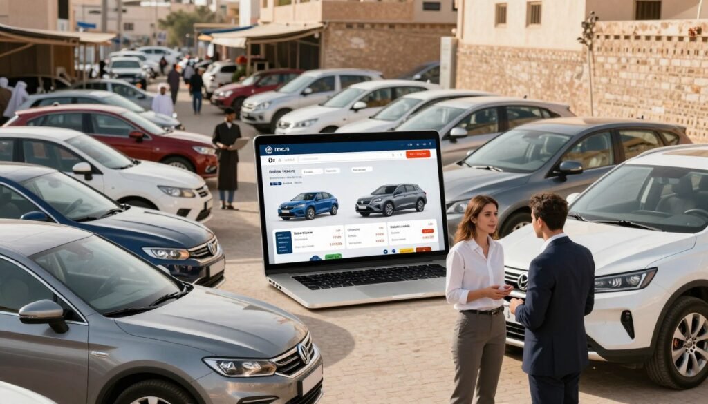 A vibrant scene depicting a variety of car buying platforms in Morocco. In the foreground, showcase a stylish, modern car dealership with gleaming vehicles on display, highlighting both new and used cars. In the middle ground, include a digital marketplace interface on a laptop or mobile device, displaying car listings and prices to represent online platforms. The background should feature a bustling street lined with small, organized car lots managed by individual sellers. Use warm, natural lighting to enhance the scene, suggesting a sunny afternoon. Capture the atmosphere of excitement and possibility in the car-buying process. Ensure any human subjects are dressed in professional business attire, engaged in conversation or viewing cars to add a dynamic element.