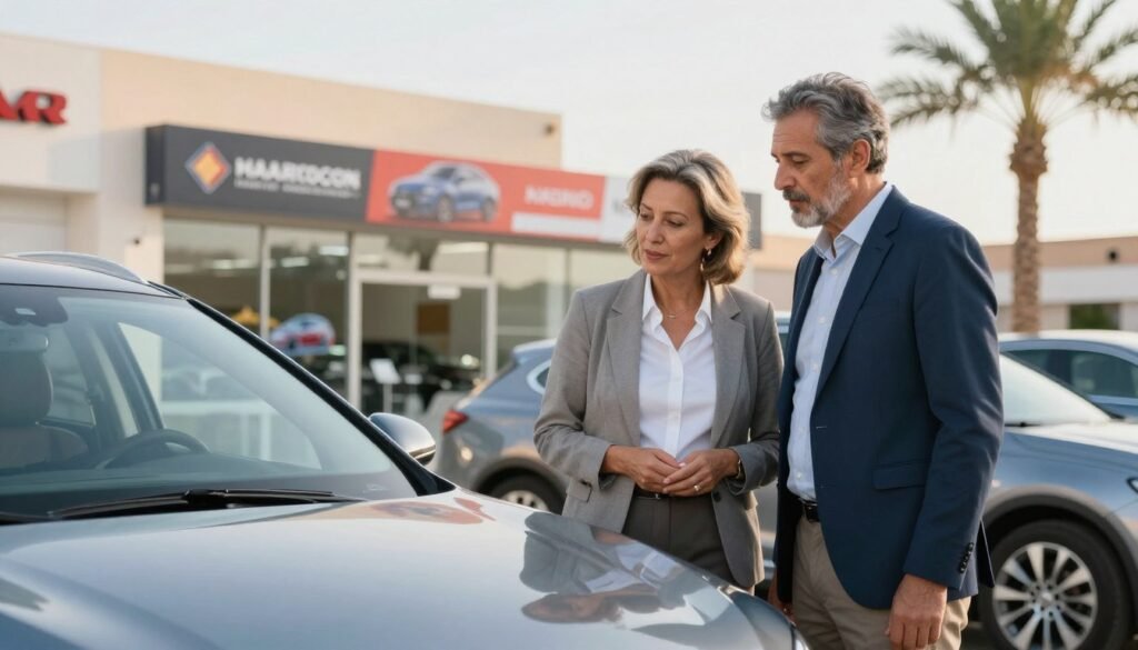 A visually engaging scene focusing on a middle-aged professional couple standing in front of a modern car dealership in Morocco. The couple, dressed in smart casual attire, are examining a shiny new vehicle, with expressions of thoughtful consideration. In the foreground, showcase the glossy car with reflections of the surrounding environment. In the middle ground, incorporate a welcoming dealership facade with colorful banners displaying various car brands. The background features a clear, sunny Moroccan sky, with palm trees gently swaying to set a relaxed atmosphere. Use soft, natural lighting to enhance the scene, capturing the essence of a pleasant day for car shopping. The composition should evoke a sense of informed decision-making and practicality, reflecting the themes of need assessment and budget awareness.