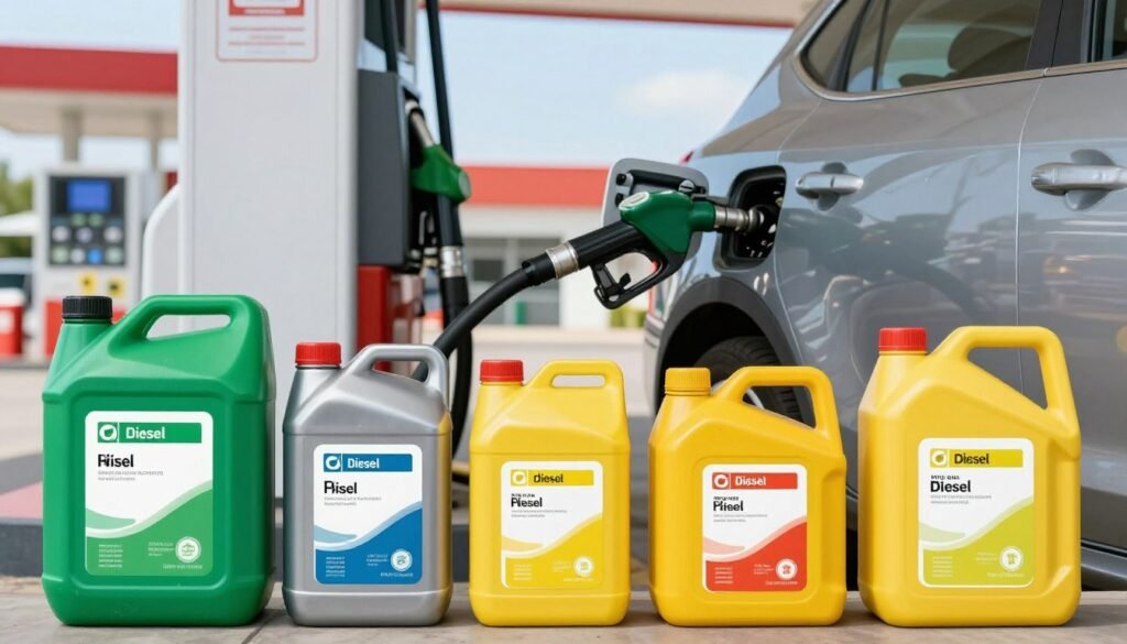 A visually informative collage depicting various types of gasoline and diesel fuels. In the foreground, display several distinct fuel canisters labeled with clear color-coded markings: green for gasoline, yellow for diesel. In the middle ground, include a modern car fueling at a gas station, the nozzle in hand, with details like a digital display showing fuel prices. The background should feature a blurred image of a clean, brightly lit gas station, with clear skies overhead that suggest a sunny day. The mood should be practical and educational, emphasizing clarity and professionalism. The lighting should be bright and natural, capturing the essence of a typical day at the pumps, with a slight focus effect to enhance the foreground elements.