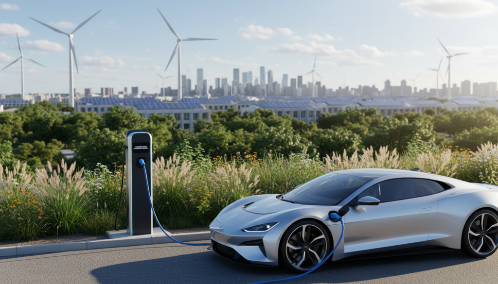 A visually striking scene of a modern electric car being charged, showcasing the importance of electric vehicles. In the foreground, a sleek electric car with a shiny surface and futuristic design is parked next to a charging station. The charging cable is prominently in view, connecting the car to the station, symbolizing energy transfer. The middle ground features lush greenery emphasizing eco-friendliness, while the background reveals a city skyline with solar panels and wind turbines, highlighting sustainability. The lighting is bright and cheerful, suggesting a sunny day, with a shallow depth of field focus on the car and charging station. The atmosphere conveys innovation and hope for a cleaner future, underlining the significance of electric vehicle technology.