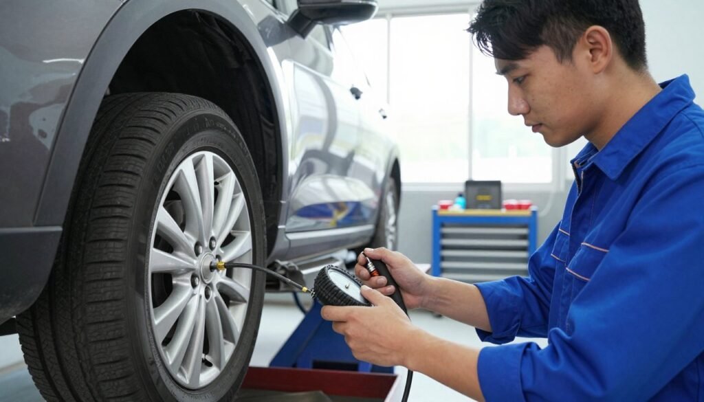 A well-equipped tire maintenance station in a bright, professionally lit garage. In the foreground, a close-up of a mechanic checking the air pressure of a car tire with a gauge, showcasing attention to detail and precision. The mechanic, dressed in a clean blue uniform, focuses intently on the task, conveying professionalism. In the middle, the car is elevated on a hydraulic lift, revealing its undercarriage, with tools neatly organized on a nearby workbench. In the background, a large window lets in ample natural light, illuminating the workspace and enhancing the cleanliness of the environment. The overall mood is one of diligence and care, emphasizing the importance of proper tire pressure maintenance for safety and performance.