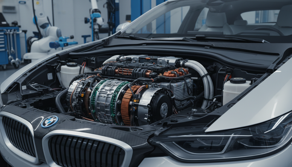 An electric powertrain motor prominently displayed in a sleek, modern BMW hybrid vehicle. In the foreground, the intricately designed electric motor showcases its advanced technology, with visible components such as wires, circuits, and cooling systems glistening under soft, focused lighting. In the middle ground, the stylish hybrid car's chassis curves seamlessly around the motor, reflecting a sense of sophistication and innovation. The background features a subtle high-tech automotive workshop environment, with tools and equipment slightly blurred to emphasize the motor and vehicle. The overall mood is one of cutting-edge technology and performance, inviting the viewer to appreciate the engineering behind hybrid vehicles. The image should be captured with a wide-angle lens to highlight the motor’s details and the vehicle's elegance, ensuring a dynamic and engaging composition.